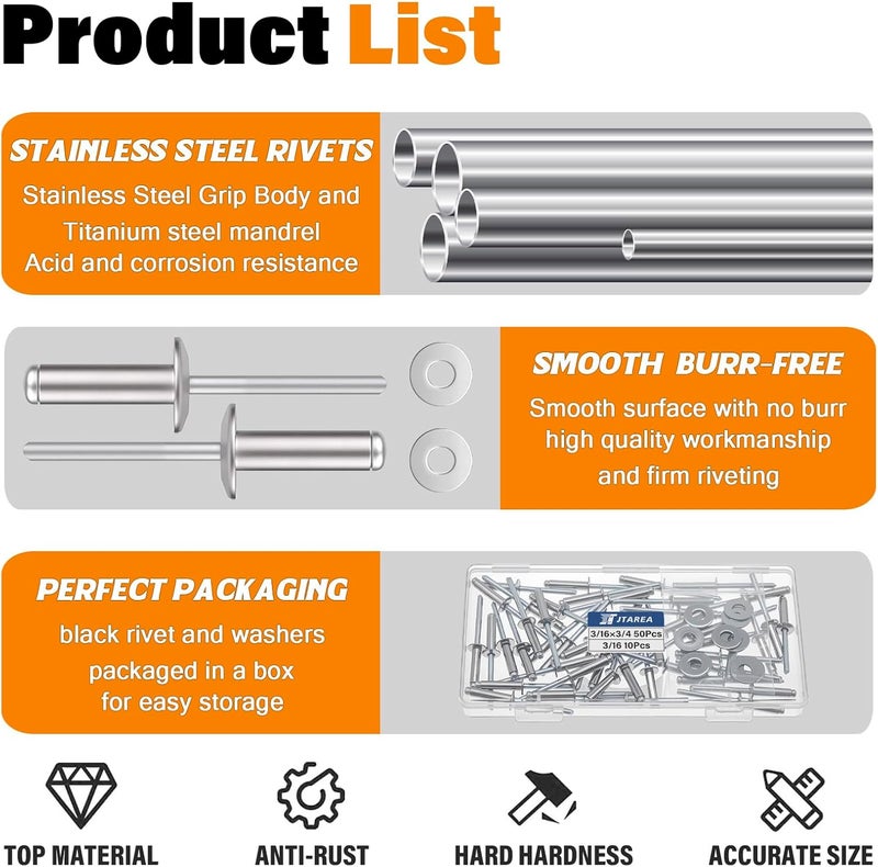 JTAREA 60pcs 3/16" x 3/4" Stainless Steel Pop Rivets with Stainless Steel Washers 4.8 x 20mm Blind Rivet Assortment Kit - Image 3